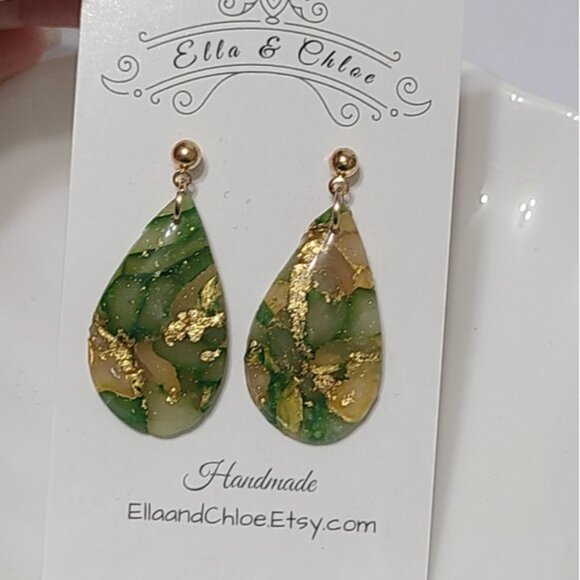Handcrafted Chunky Green Gold Ball Teardrop Gemstone Agate Drop Dangle Earrings - Picture 2 of 6